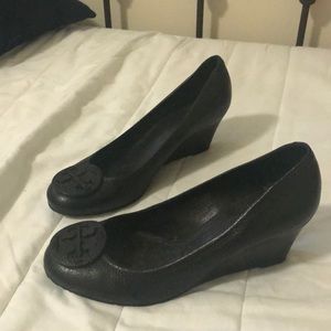 Tory Burch black leather wedges, barely worn, 7.5M